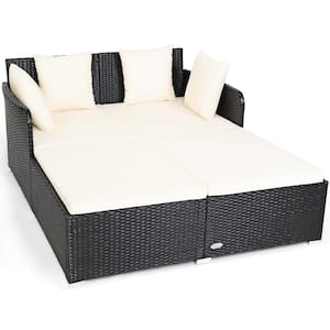 Wicker Patio Daybed Loveseat Sofa Yard Outdoor with White Cushions Pillows