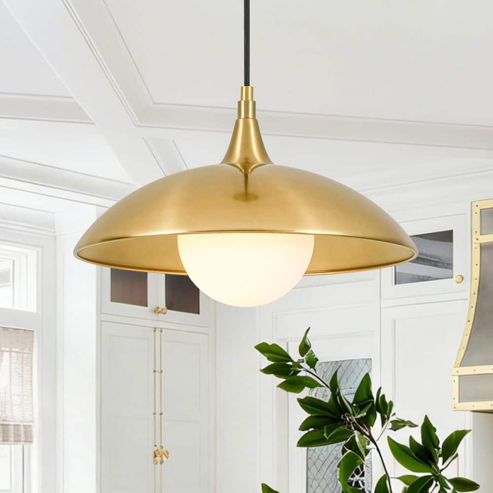 HUOKU Potlid 1-Light 14.6 in. W Brass Cone Pendant Light with