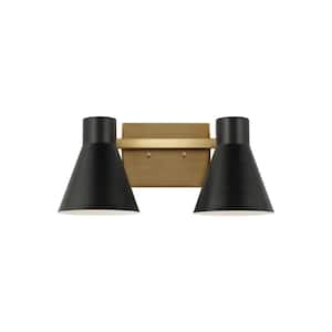 Towner 15.75 in. 2-Light Satin Brass Modern Contemporary Bathroom Vanity Light with Black Metal Shades and LED Bulbs