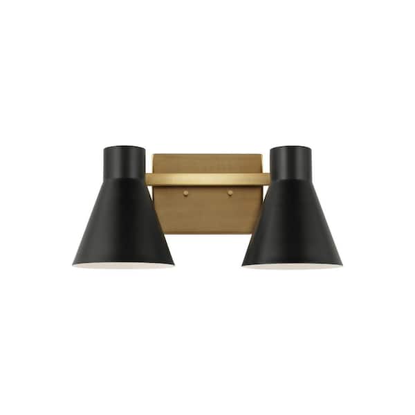Generation Lighting Towner 15.75 in. 2-Light Satin Brass Modern Contemporary Bathroom Vanity Light with Black Metal Shades and LED Bulbs