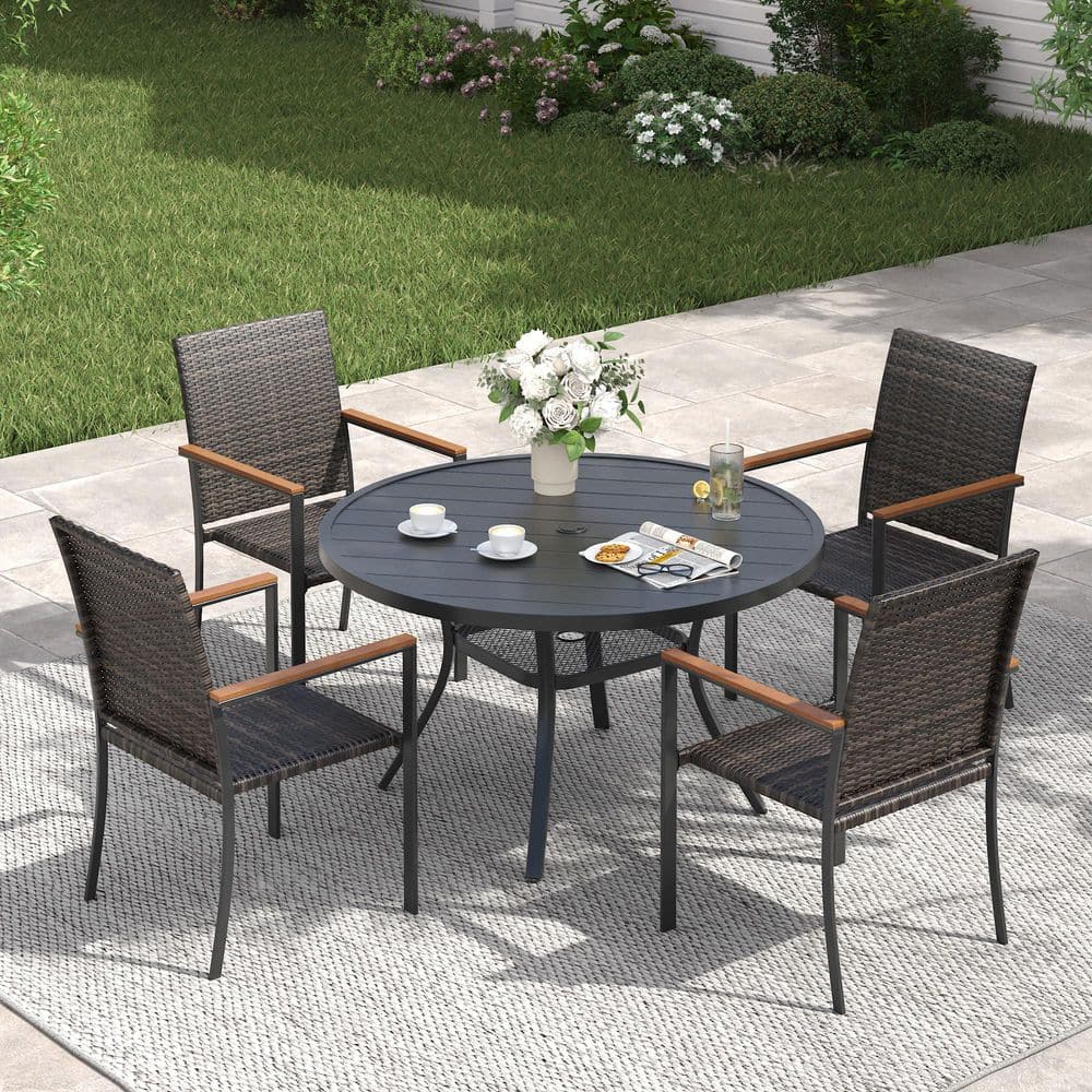 5-Piece Metal Outdoor Dining Set with 47.2 in. Black Round Dining Table and 4 Brown Wicker Stackable Dining Chairs price history on PriceWatchPro