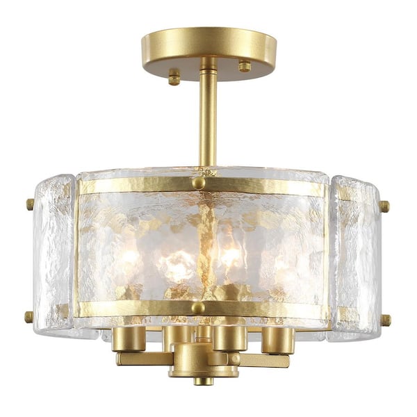 12.59 in. 4-Light Golden Round Drum Semi-Flush Mount with Frosted Glass and No Bulbs Included