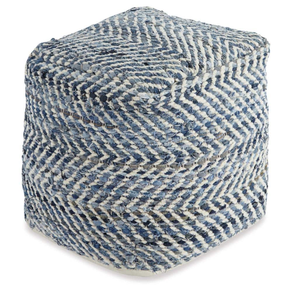 Contemporary Blue Denim Woven Pouf Ottoman 18"