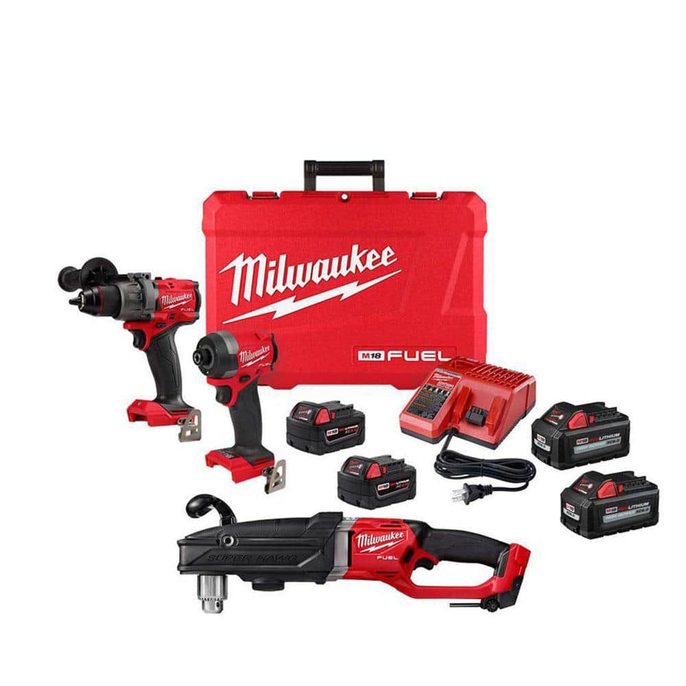 M18 FUEL 18-Volt Lithium-Ion Brushless Cordless Hammer Drill/Right Angle Drill/Impact Driver Combo Kit (3-Tool) -  Milwaukee, 3697-22-2809