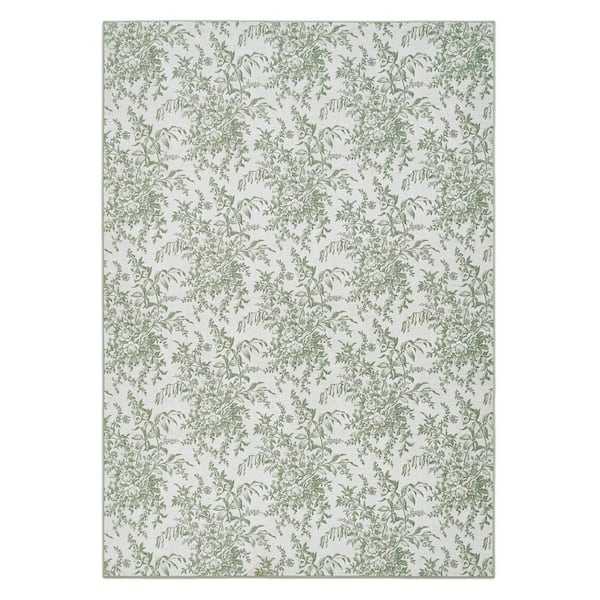 Bedford Floral Chenille Sage Ivory 5 ft. x 7 ft. Polyester Runner Rug