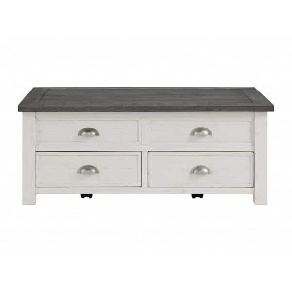 HomeRoots Amelia 26 in. White and Grey Rectangle Wood Coffee Table with Solid Wood, Lift Top, Storage