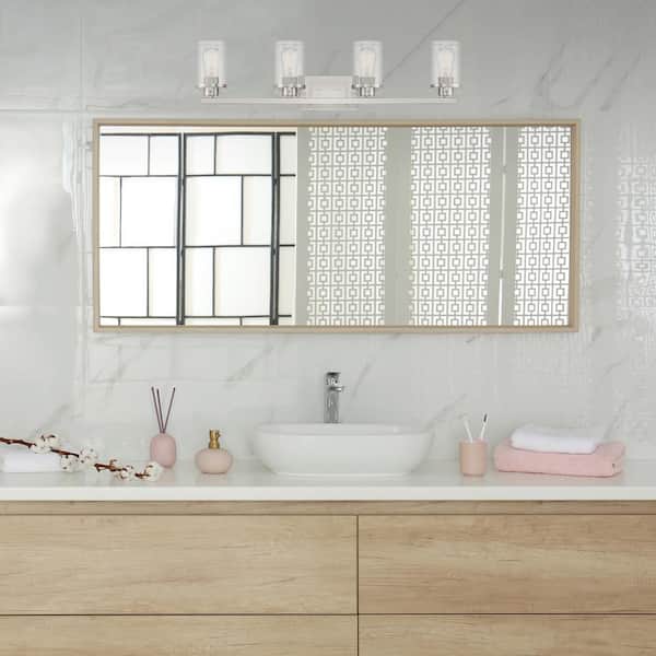 Jedrek 33.75 in. 4-Light Brushed Nickel Industrial Vanity Light with Clear Glass Shades