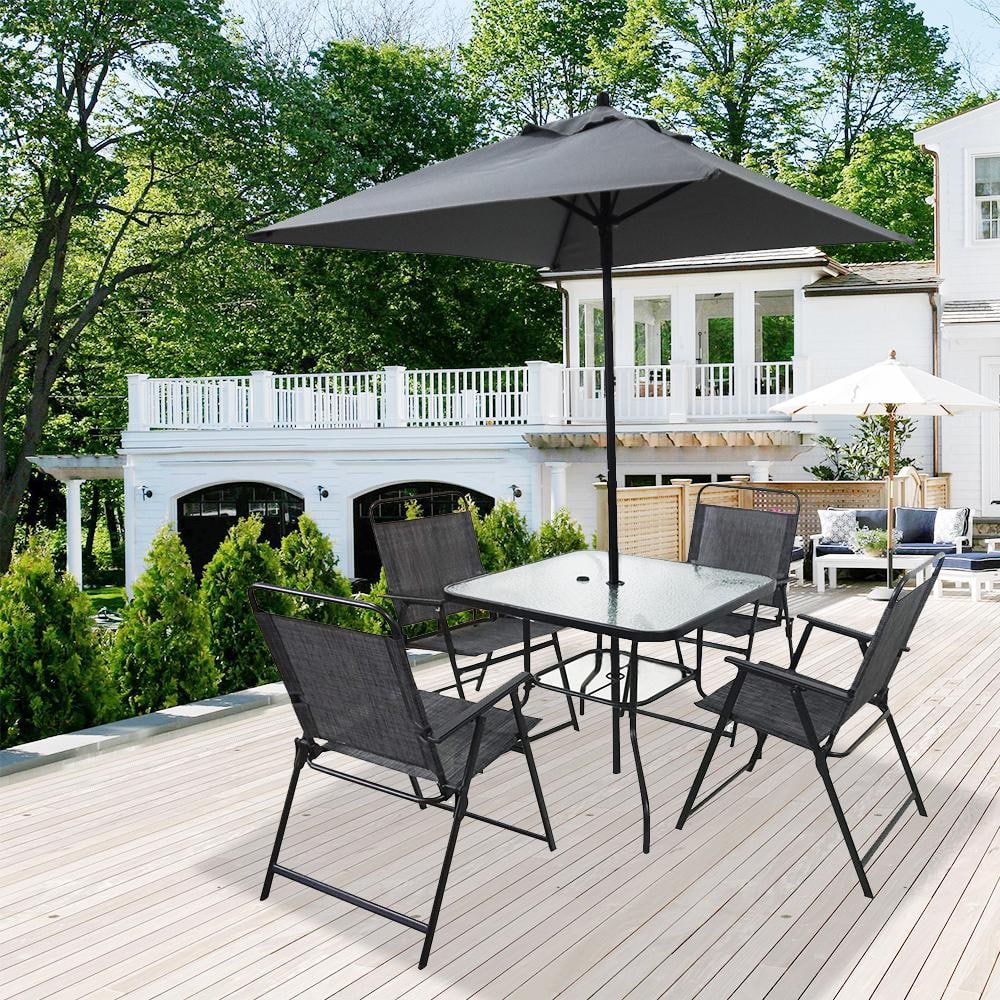 6-Piece Gray Metal Steel Square Outdoor Dining Set with Umbrella and 4-Chai