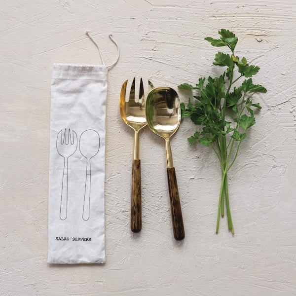 2-Piece Stainless Steel Salad Spoon And Fork Salad Server with Marbled Resin Handles