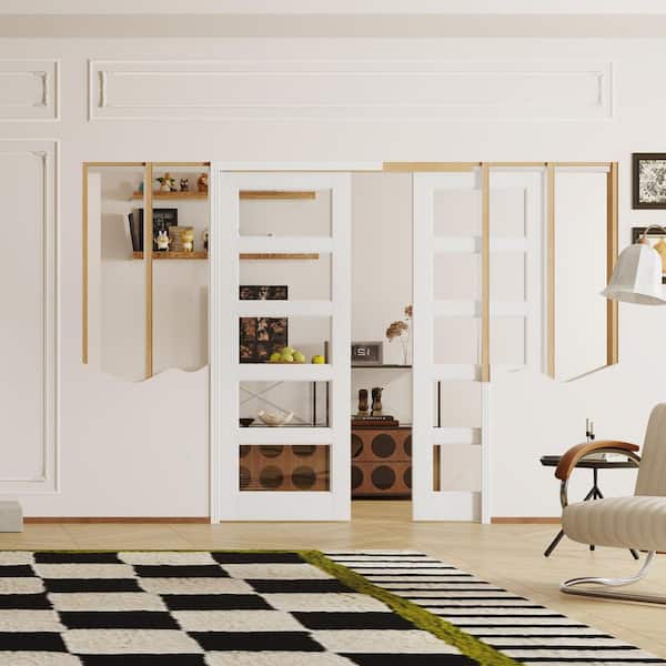 64 in. x 80 in. 5 Lite, Clear Glass, Composite, White Primed, MDF Sliding Pocket Door with Frame and Hardware Included