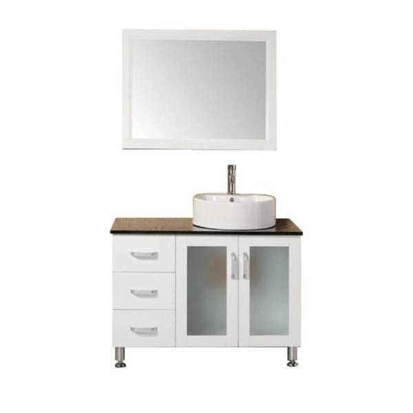 Design Element Malibu 39 in. W x 22 in. D Vanity in White with Tempered Glass Vanity Top and Mirror in Black