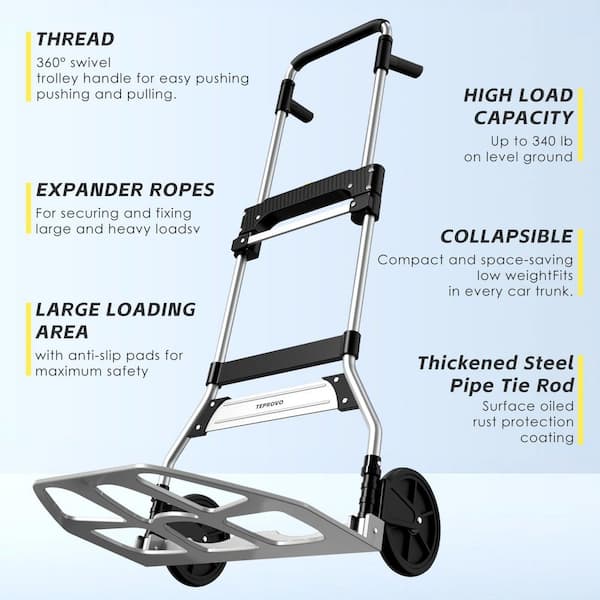 340 lbs. Capacity Alloy Folding Hand Truck Dolly with Telescoping Handle and Rubber Wheels