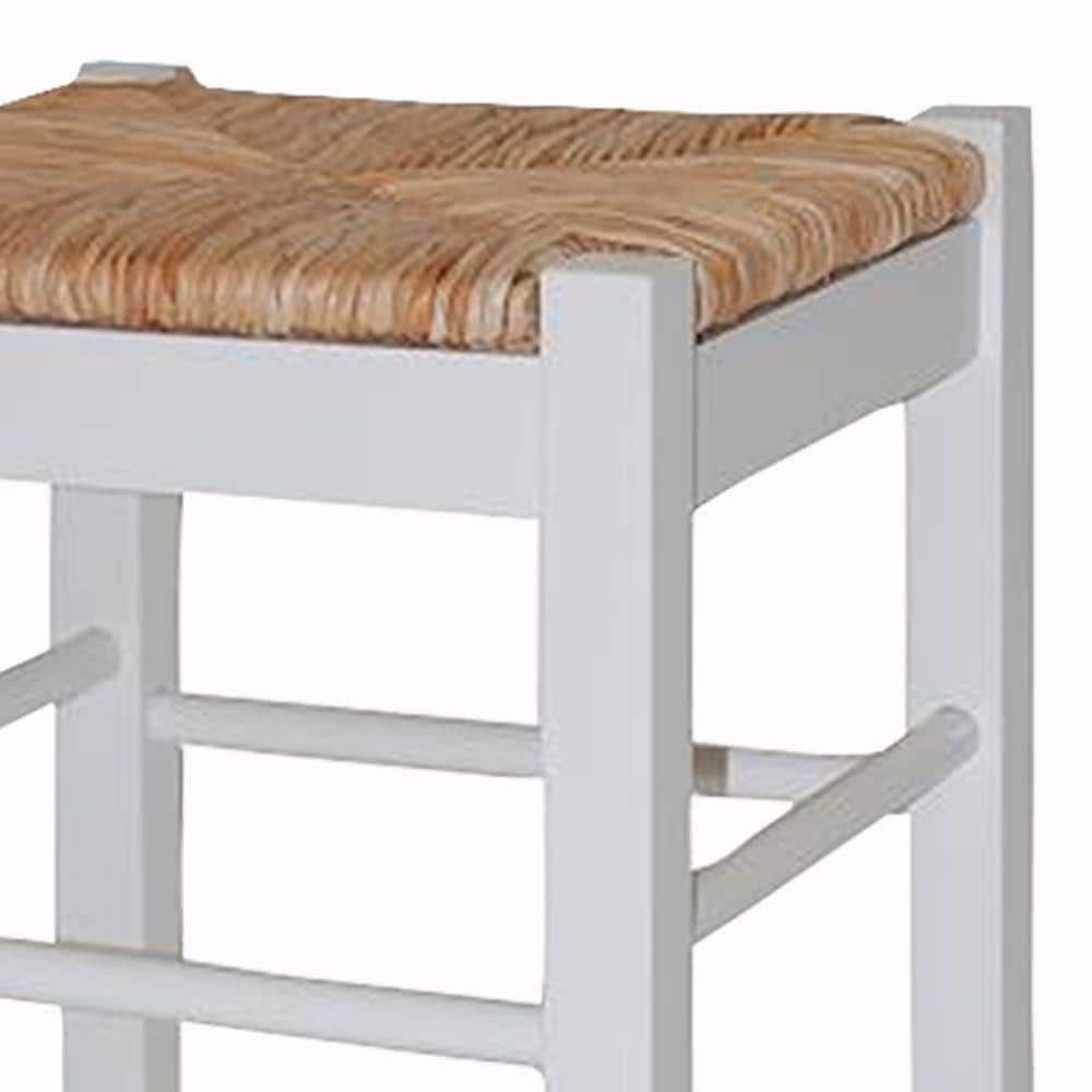 White and Brown Backless Wooden Counter Stool with Rush Seat