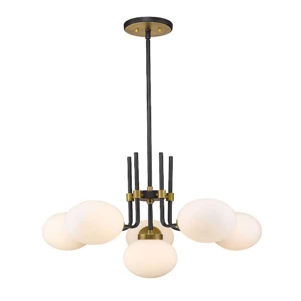 Unbranded Parsons 6-Light Matte Black Plus Olde Brass Chandelier with Glass Shade