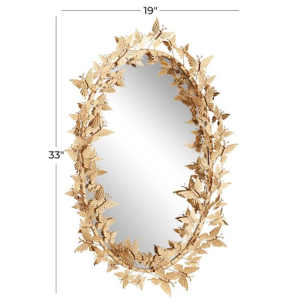 33 in. x 19 in. Oval 3D Round Framed Gold Butterfly Wall Mirror