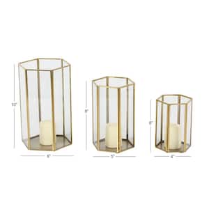 Gold Glass Decorative Candle Lantern with Metal Plate (Set of 3)