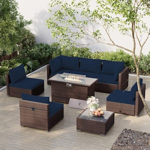 8-Piece Outdoor Brown Wicker Patio Conversation Set with Wicker Fire Pit Table with Navy Blue Cushions