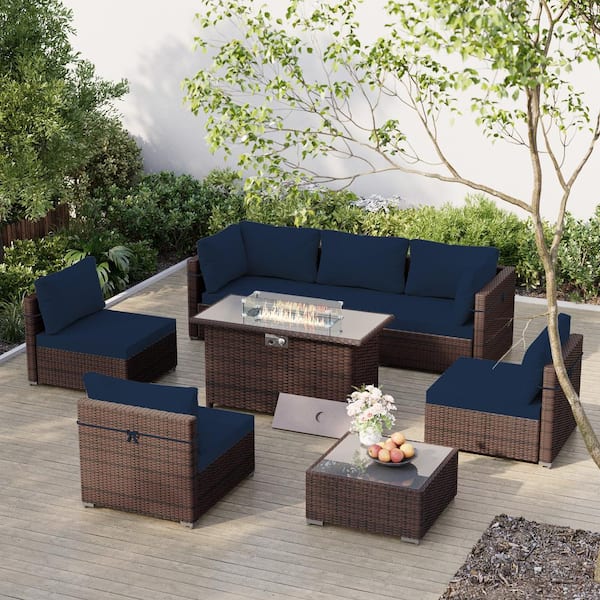 UPHA 8-Piece Outdoor Brown Wicker Patio Conversation Set with Wicker Fire Pit Table with Navy Blue Cushions