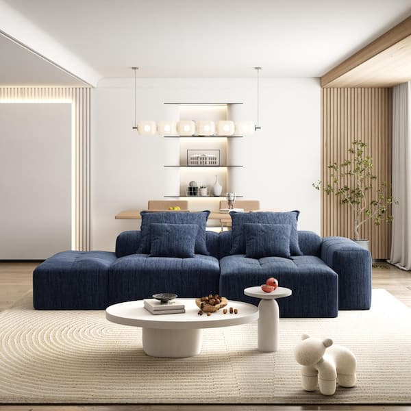 127.5 in. Sparkling Chenille Fabric Oversized Modular Combination Tufted Sectional Sofa with Ottoman and Pillows in Blue