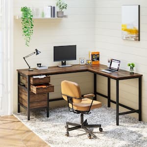 Perry 59 in. L-Shaped Brown Wood 2-Drawer Computer Desk with File Cabinet, Home Office Desk Workstation