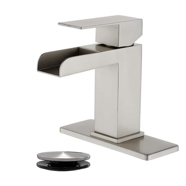 FLG Single Handle Single Hole Bathroom Faucet with Pop-up Drain Stainless Steel Waterfall Sink Vanity Taps in Brushed Nickel