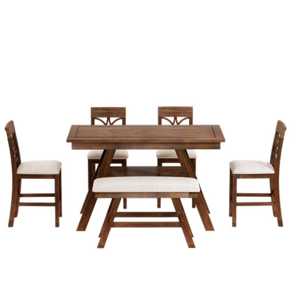 Walnut 6-Piece Wood Counter Height Table with Storage Shelf, 4-Chairs and B
