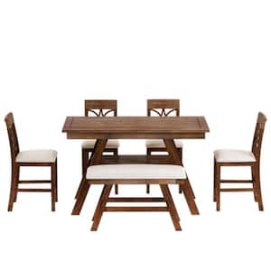 Walnut 6-Piece Wood Counter Height Table with Storage Shelf, 4-Chairs and Bench Outdoor Dining Set with Beige Cushion