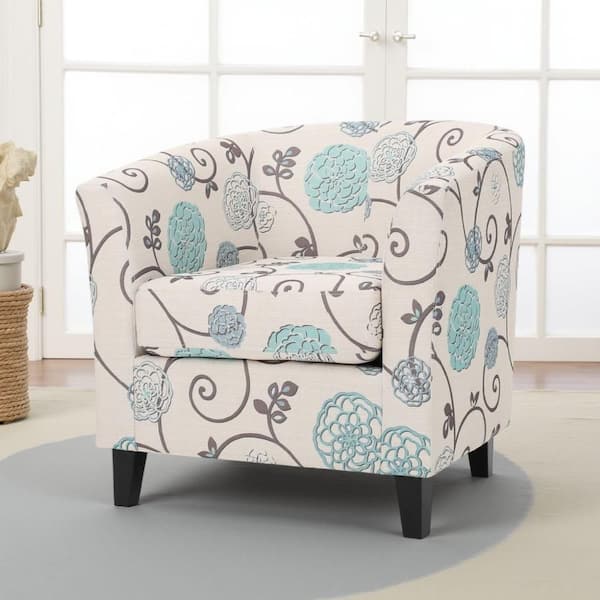 Cream, Blue and Brown Fabric Arm Chair with Cushioned Back