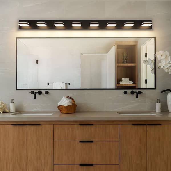 63 in. 8 Light Black Bathroom LED Vanity Light with 5-CCT Adjustable Switch and Acrylic Lampshade