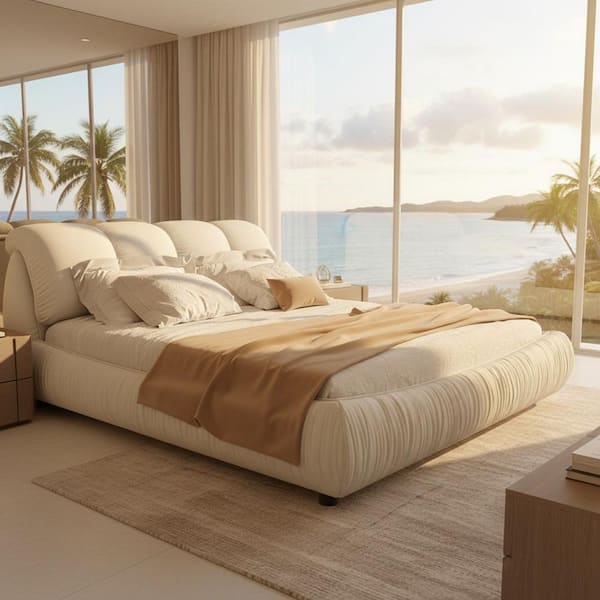 APZKY Soft Cream Finish White Solid Wood Bed Frame King Platform Bed (86.22 in. W x 96.5 in. D x 43.3 in. H)