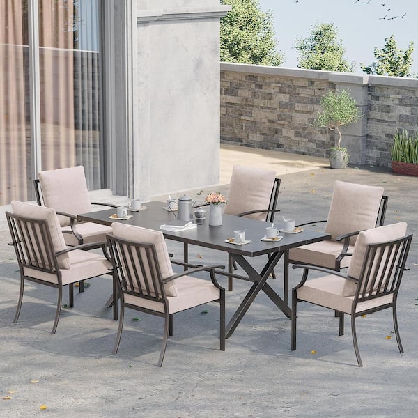 Halmuz 7-Piece Metal Patio Outdoor Dining Set with 6 Chairs, Large Table, Umbrella Hole and Sand Cushions