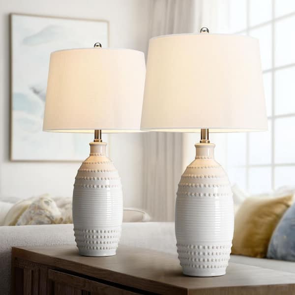 Polka 26in 3-Way White Ceramic Table Lamp Set with White Shades and 3-Way Rotary Socket Switch (Set of 2)