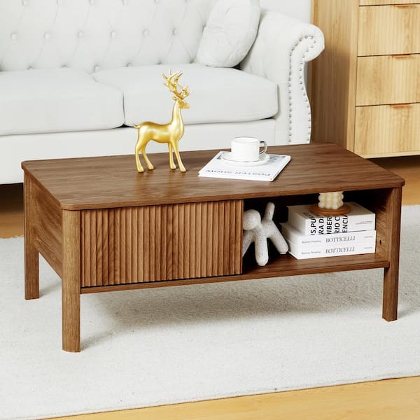 39 in. Walnut Rectangle Wood Coffee Table With Storage Shelf(21. 65in. D x 39. 37in. W x 16. 53in. H)