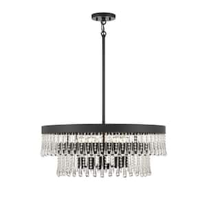 Meridian 26 in. W x 10 in. H 6-Light Matte Black Statement Pendant Light with Clear Crystal Teardrops and Beads