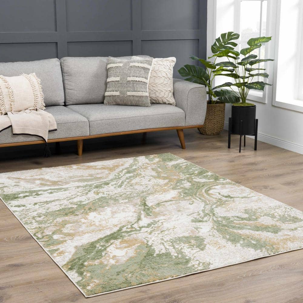 Green and Cream Abstract Polypropylene Area Rug 6'7" x 9'
