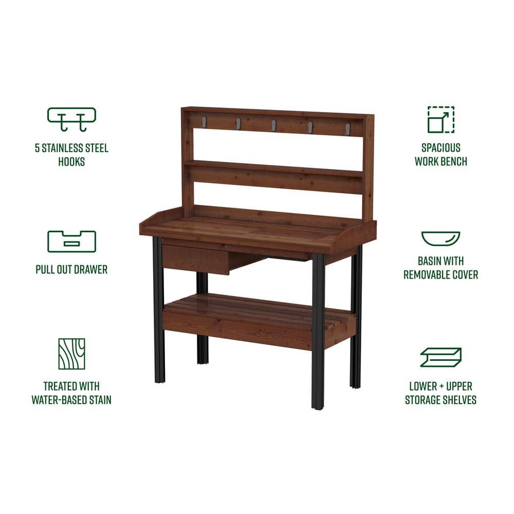 Vita 46" Dark Brown Cedar Potting Bench with Hooks