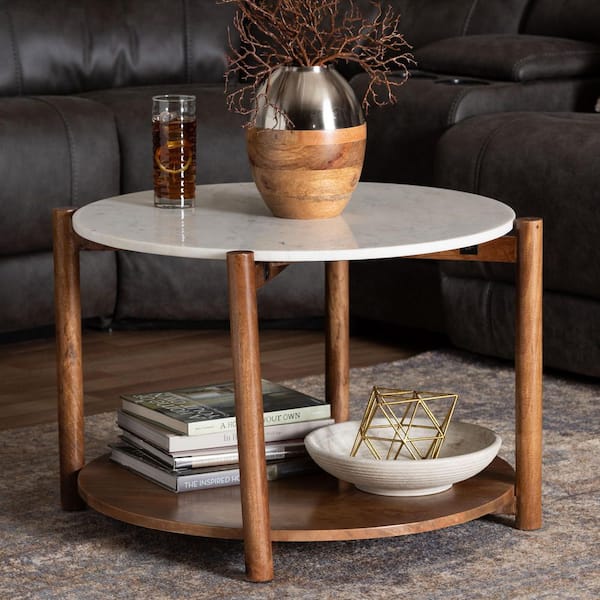 Baxton Studio Quindalyn 30 in. White and Walnut Brown Round Marble