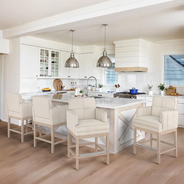 26 in H Linen Fabric Counter Height Bar Stool Solid Wood Frame Bar Stool with Pleated Design Set of 4