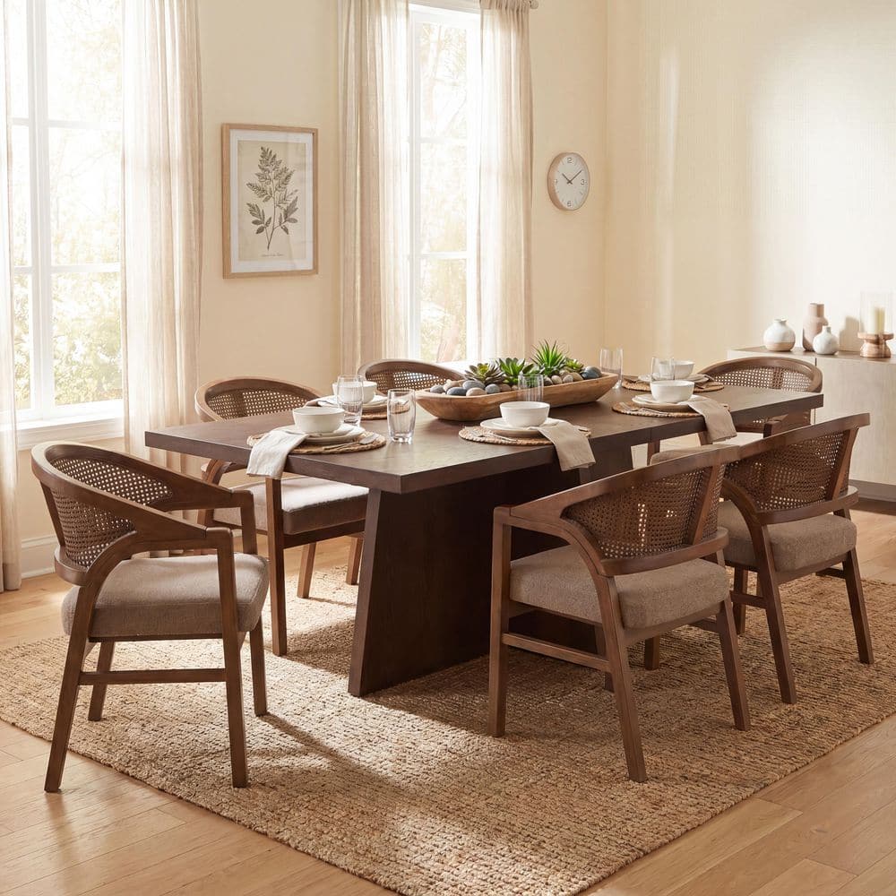 Queenie 7-Piece Wood Top Dining Set with Walnut and Brown Fabric Dining Chairs, Rectangular Dining Table, Seats 6