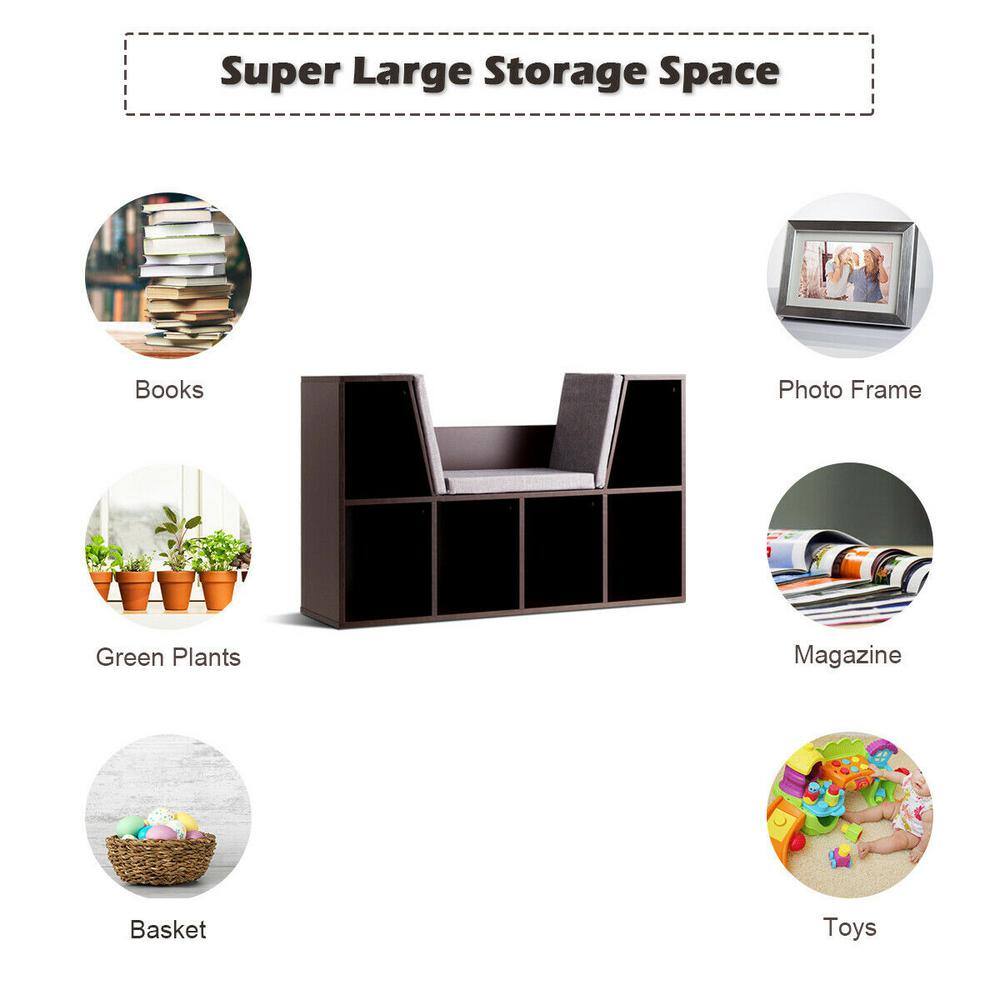 Brown 6-Cubby Kid Storage Bookcase with Cushioned Reading Nook