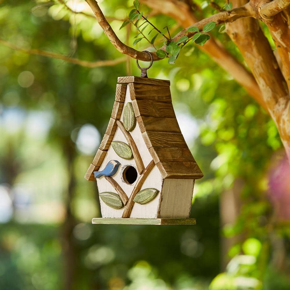 Distressed Washed White Solid Wood Birdhouse with Natural Pallet Roof