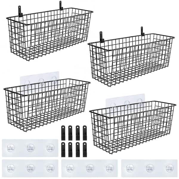 Black Extra Large Wall Mount Storage Baskets, 4-Piece Steel Alloy Wire Organizer Set with Adhesive Hooks
