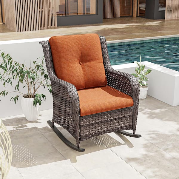 JOYSIDE Wicker Outdoor Patio Rocking Chair with Orange Cushion