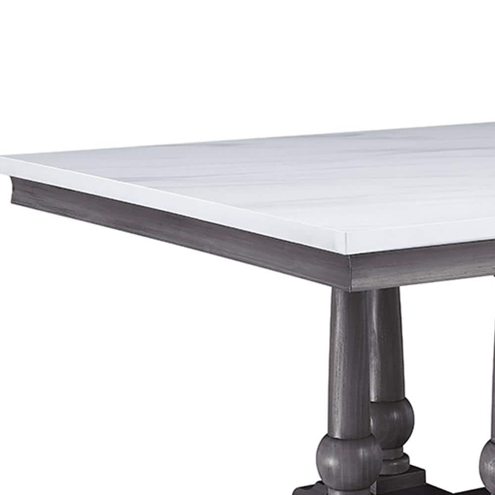 Transitional Gray Oak and White Marble Square Dining Table