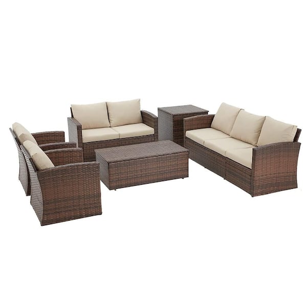 7-Pieces Brown Wicker All Weather Outdoor Sofa Sectional Set with Khaki Cushions Side Table and Coffee Table
