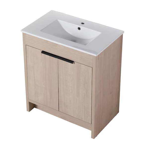 Unbranded 30 in. W x 18 in. D x 34 in. H Free-Standing Bath Vanity in Plain Light Oak with Glossy White Ceramic Top