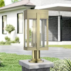 Berksford 18.5 in. 2-Light Antique Brass Cast Brass Hardwired Outdoor Rust Resistant Post Light with No Bulbs Included