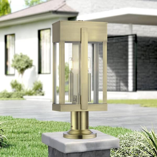 Berksford 18.5 in. 2-Light Antique Brass Cast Brass Hardwired Outdoor Rust Resistant Post Light with No Bulbs Included
