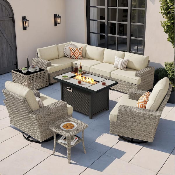Felicity 10 Pieces Wicker Outdoor Patio Rectangular Fire Pit Set and Swivel Rocking Chairs with Beige Cushions
