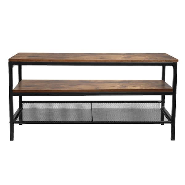 Unbranded 3-Tier Brown Wooden TV Cabinet Console with Open Storage